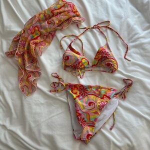 SHEIN Pink Yellow Multicolor Floral Swirl Triangle Bikini with Cover-Up
